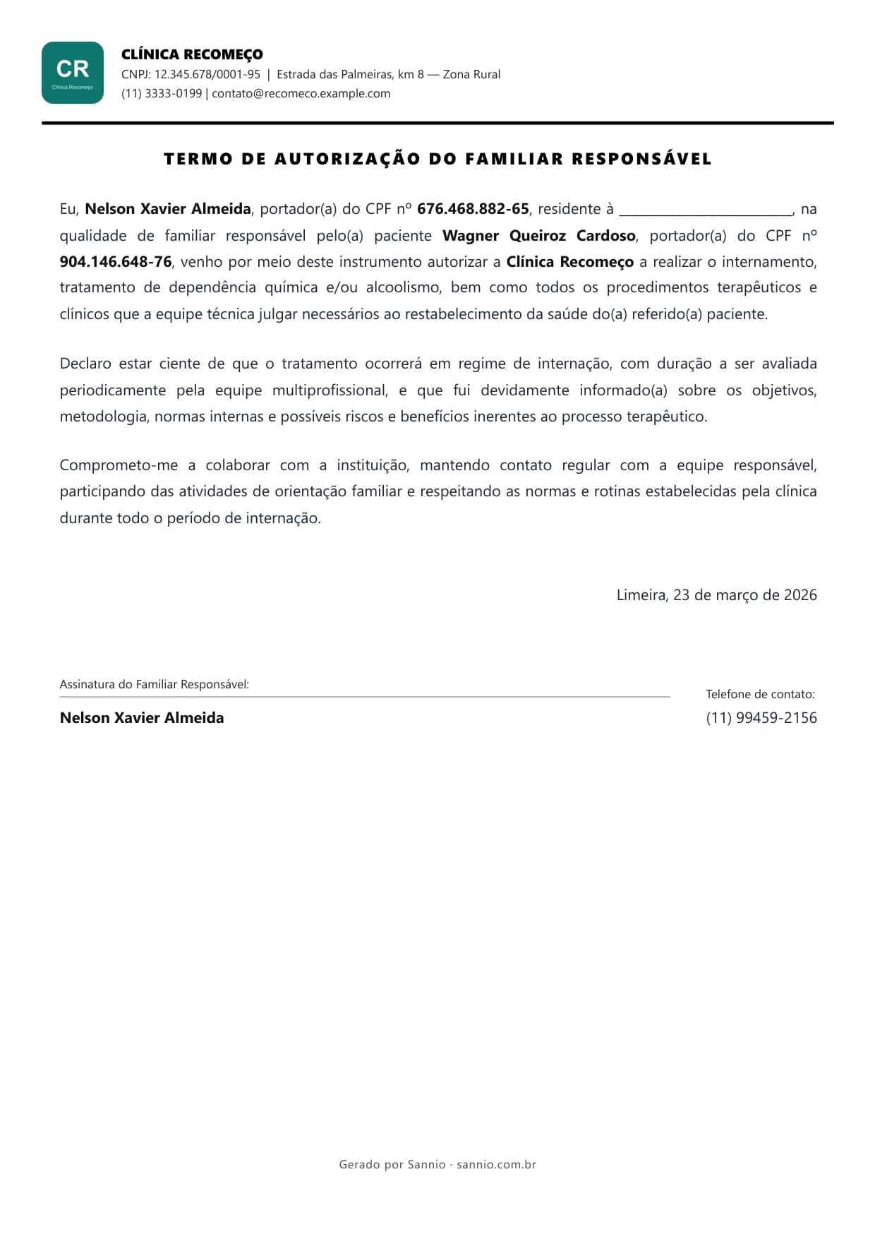 Página 3: termo de autorização do familiar responsável pelo internamento, com dados do responsável e do paciente, local e data, e campo de assinatura