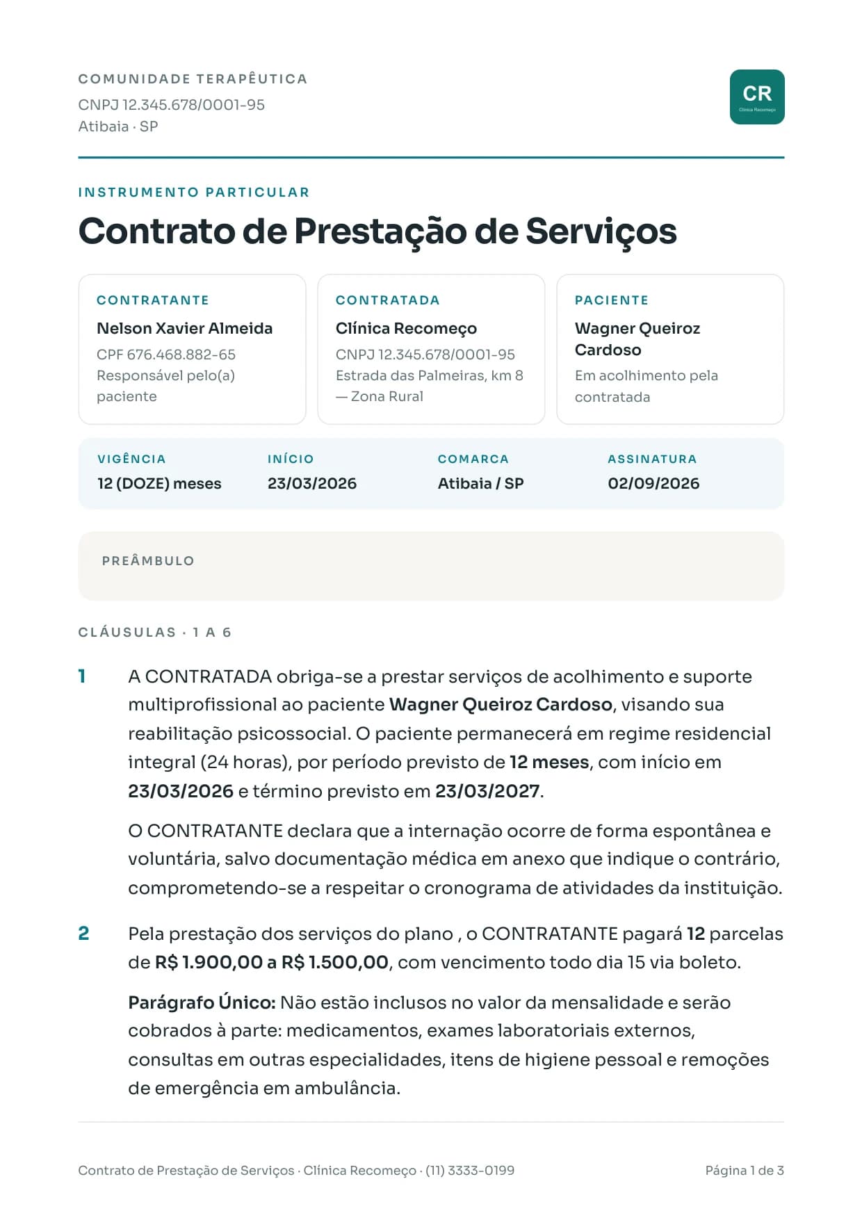 Página 1 do contrato de prestação de serviços gerado pelo Sannio: contratante, contratada e paciente, vigência de 12 meses, comarca e data de assinatura, e as cláusulas sobre o acolhimento e o pagamento em 12 parcelas